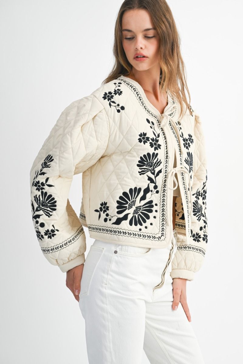 Cream Embroidered Quilted Jacket