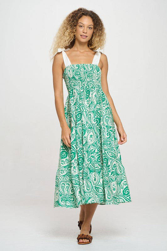 Green Paisley Tie Strap Maxi Dress