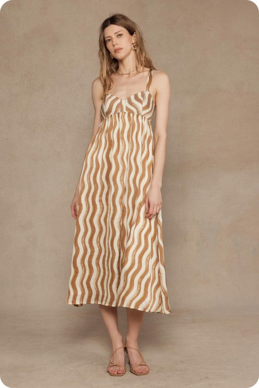 Wavy Striped Satin Midi Dress