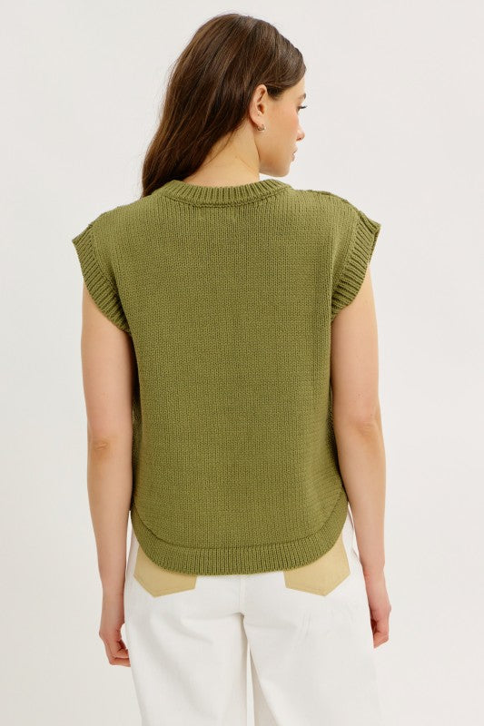 Round Neck Hi-lo Sweater Vest- Olive
