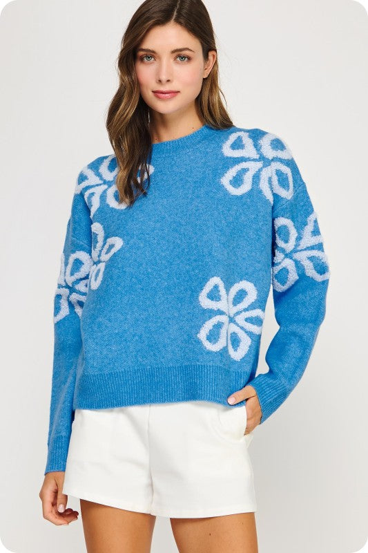 Blue Floral Embroidered Sweater