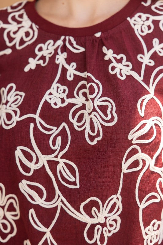 Floral Embroidered Bubble Sleeve Top- Garnet