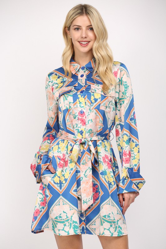 Scarf Print Dress- Blue Multi