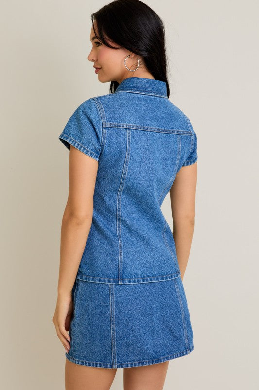 Denim Button Front Top and Skirt Set
