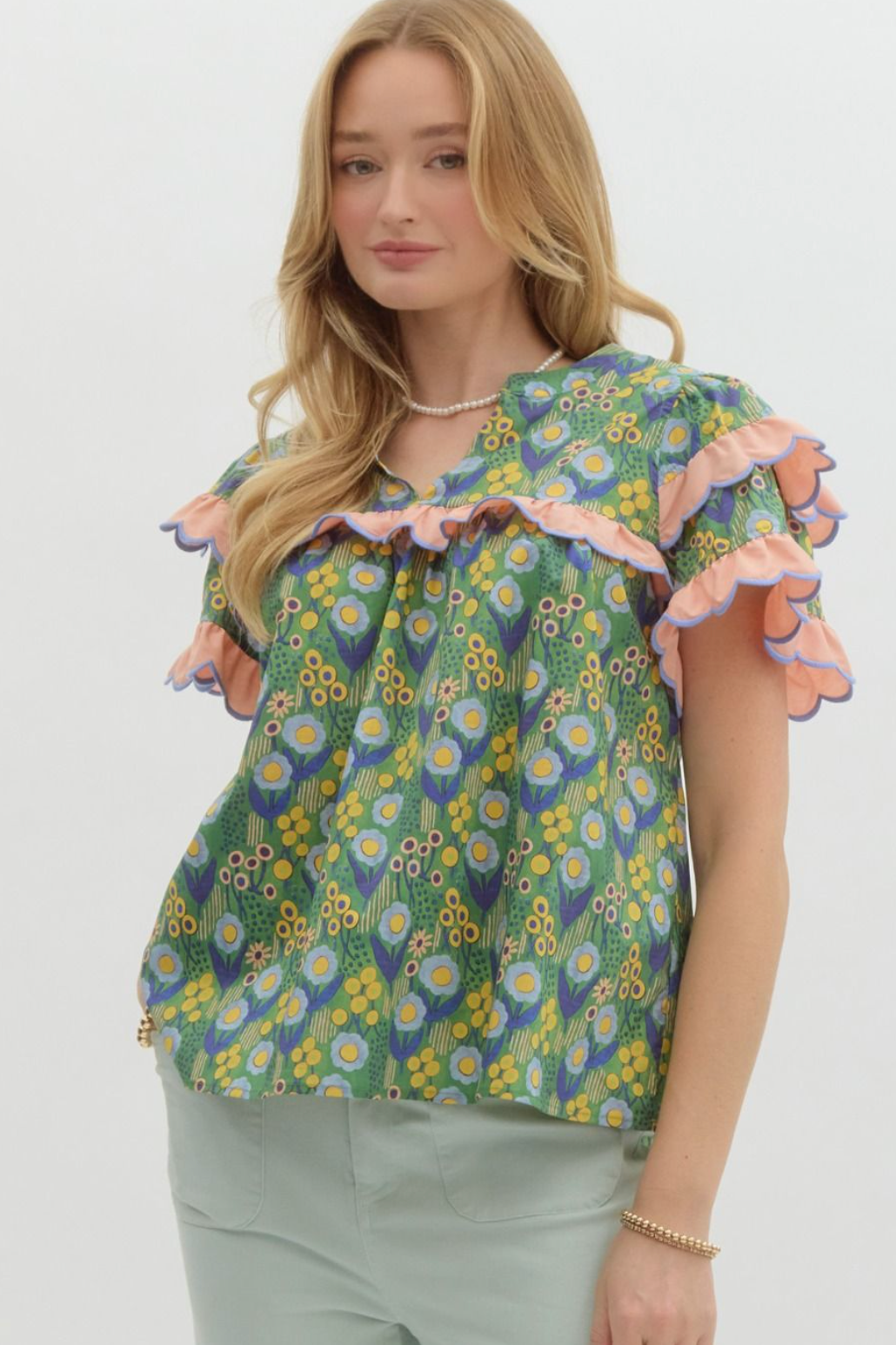 Green Floral Print Scalloped Sleeve Top