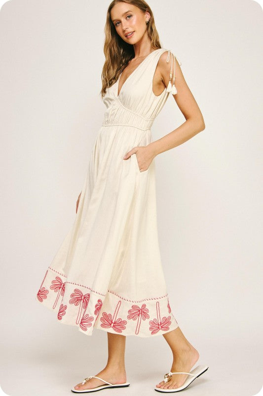 Linen Palm Tree Embroidered Dress