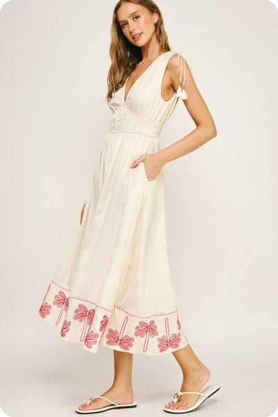 Linen Palm Tree Embroidered Dress