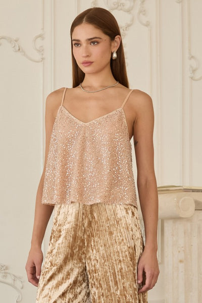 Beige Embellished Sequins Tank Top