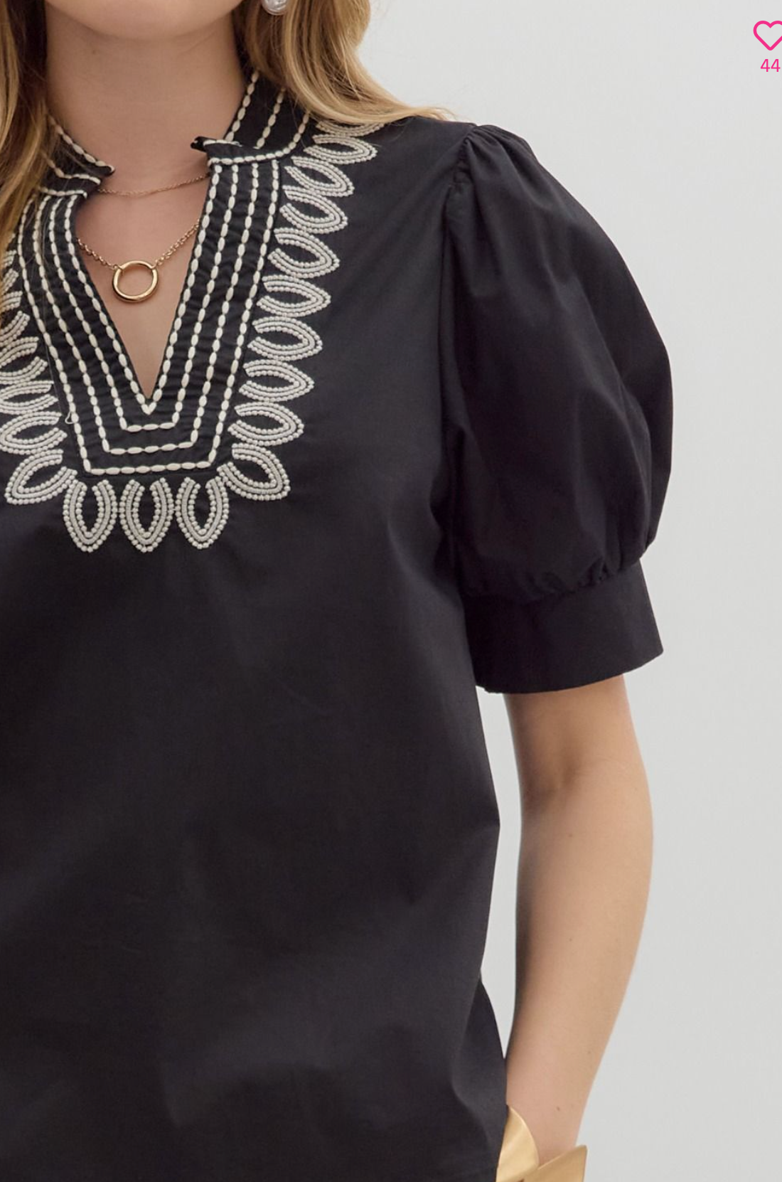 Black Bubble Sleeve Embroidery Detail Top