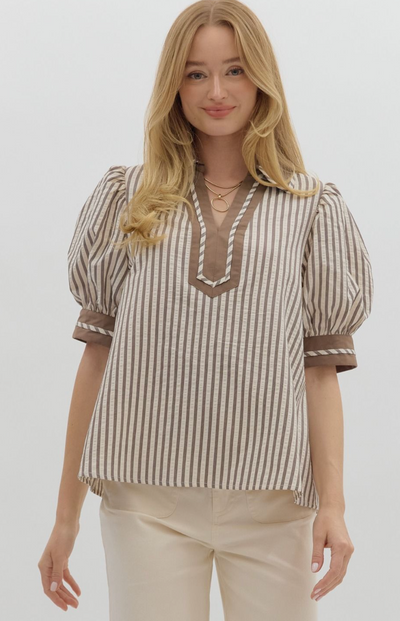 Mocha Striped Bubble Sleeve Top