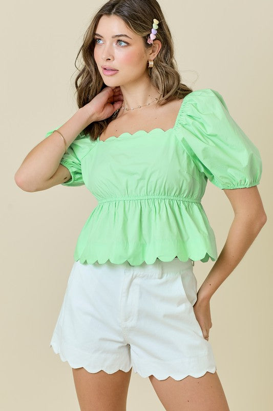 Square Neck Scalloped Edge Top- Mint