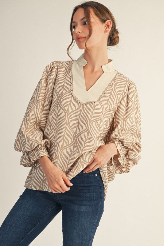 Taupe Boho Leaf Print Top