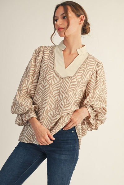 Taupe Boho Leaf Print Top