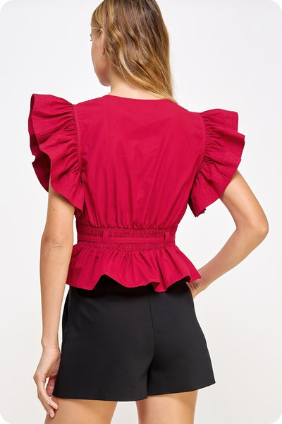 Burgundy Flutter Sleeve Peplum Top