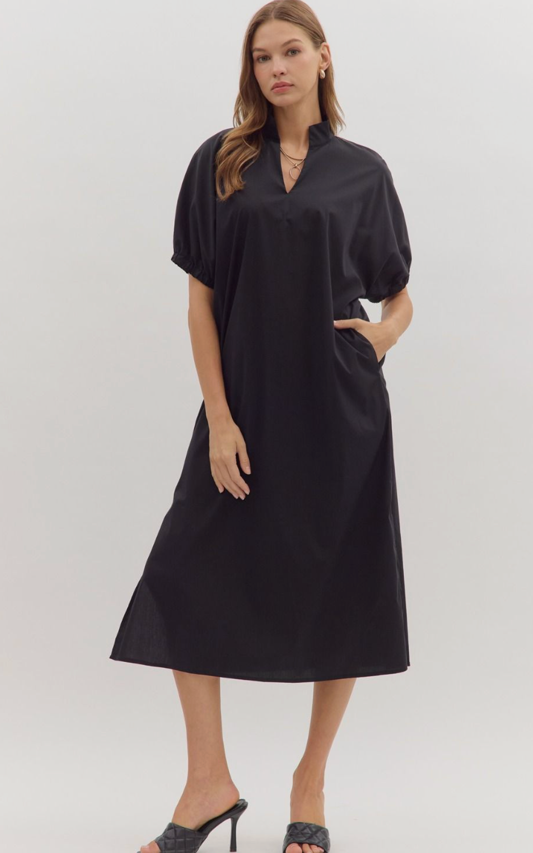 Black Puff Sleeve Midi Dress