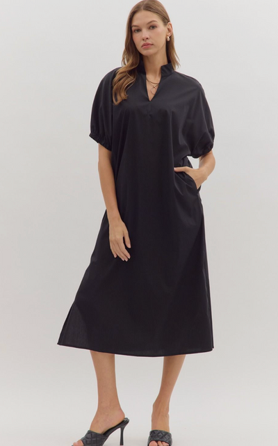 Black Puff Sleeve Midi Dress