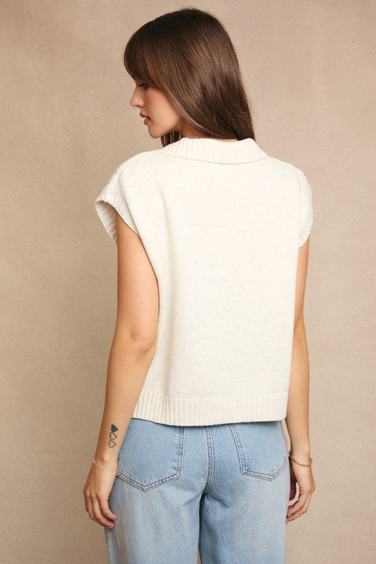 Cream Half Zip Sleeveless Cable Sweater Top