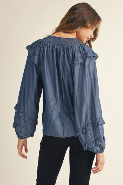 Chambray Ruffled Shoulder Long Sleeve Top
