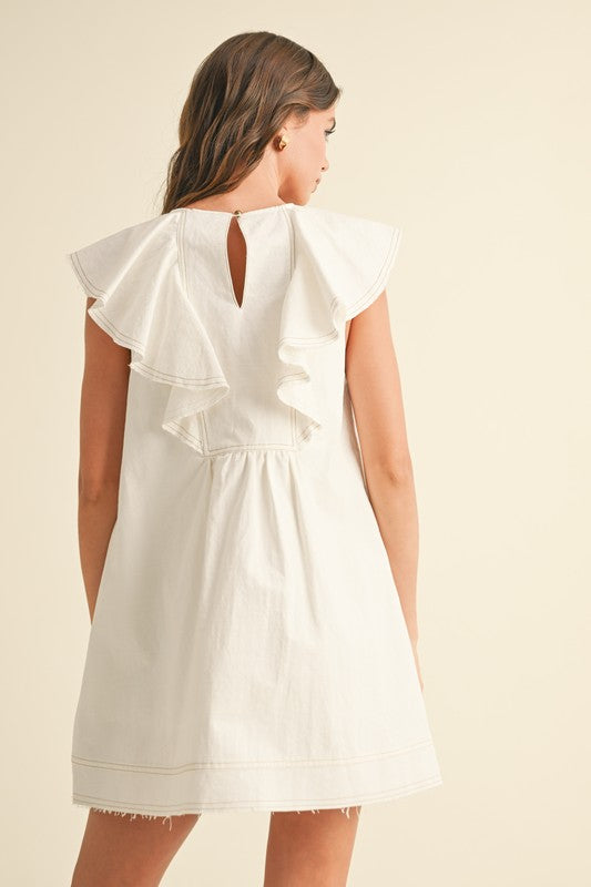 Off White Denim Ruffled Collar Dress