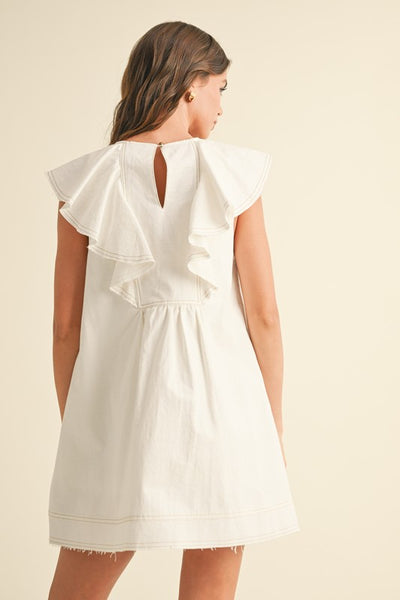 Off White Denim Ruffled Collar Dress