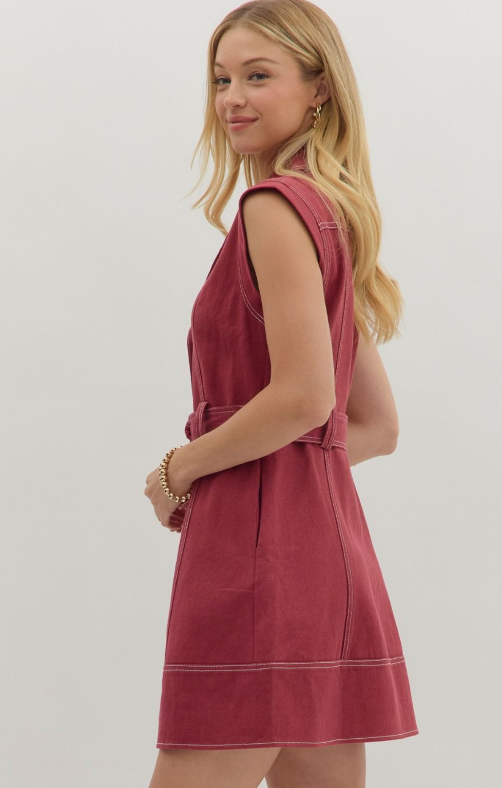 Burgundy Sleeveless Belted Mini Dress