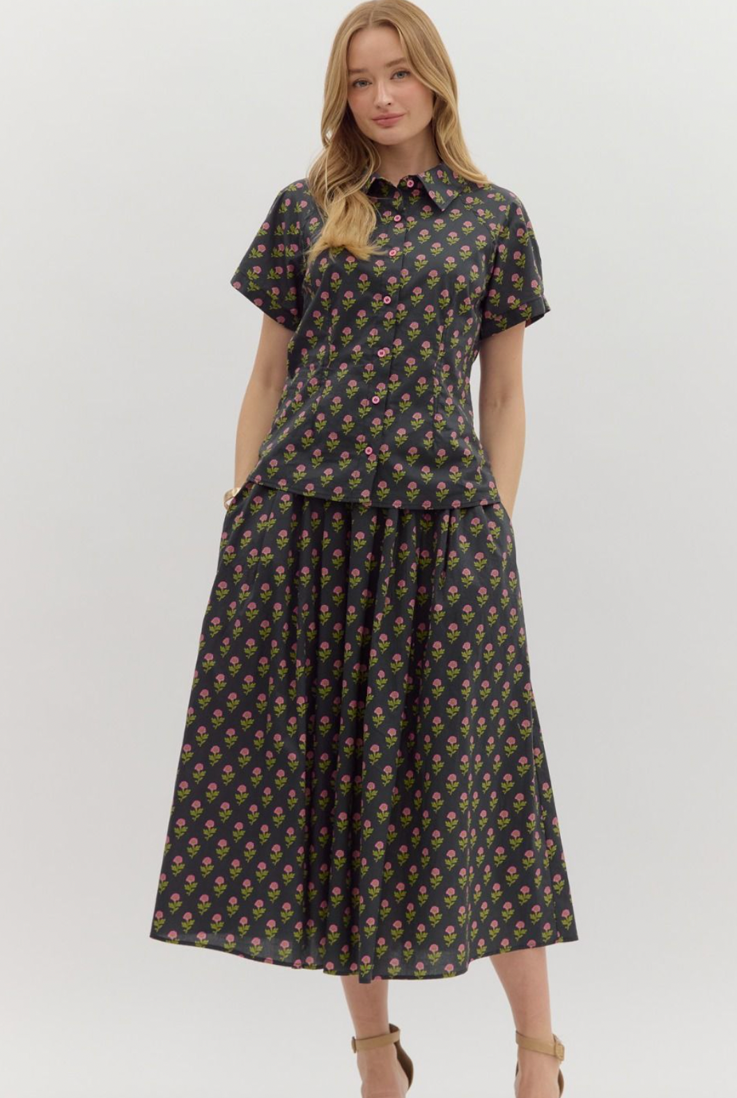 Black Flower Printed Midi Skirt Set