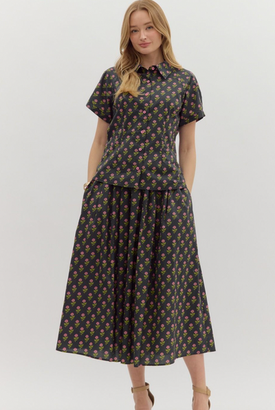 Black Flower Printed Midi Skirt Set