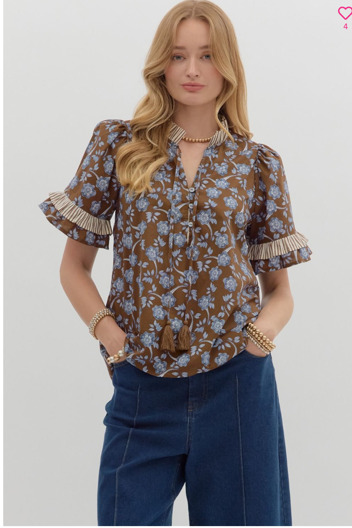 Brown Floral Print Contrast Ruffle Top