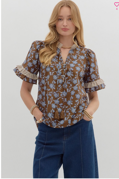 Brown Floral Print Contrast Ruffle Top