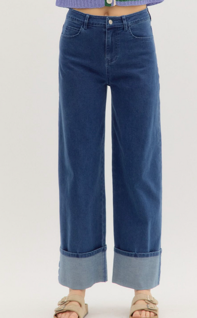 Cuff Hem Wide Leg Denim Pant