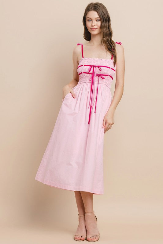 Velvet Trim Midi Dress- Pink