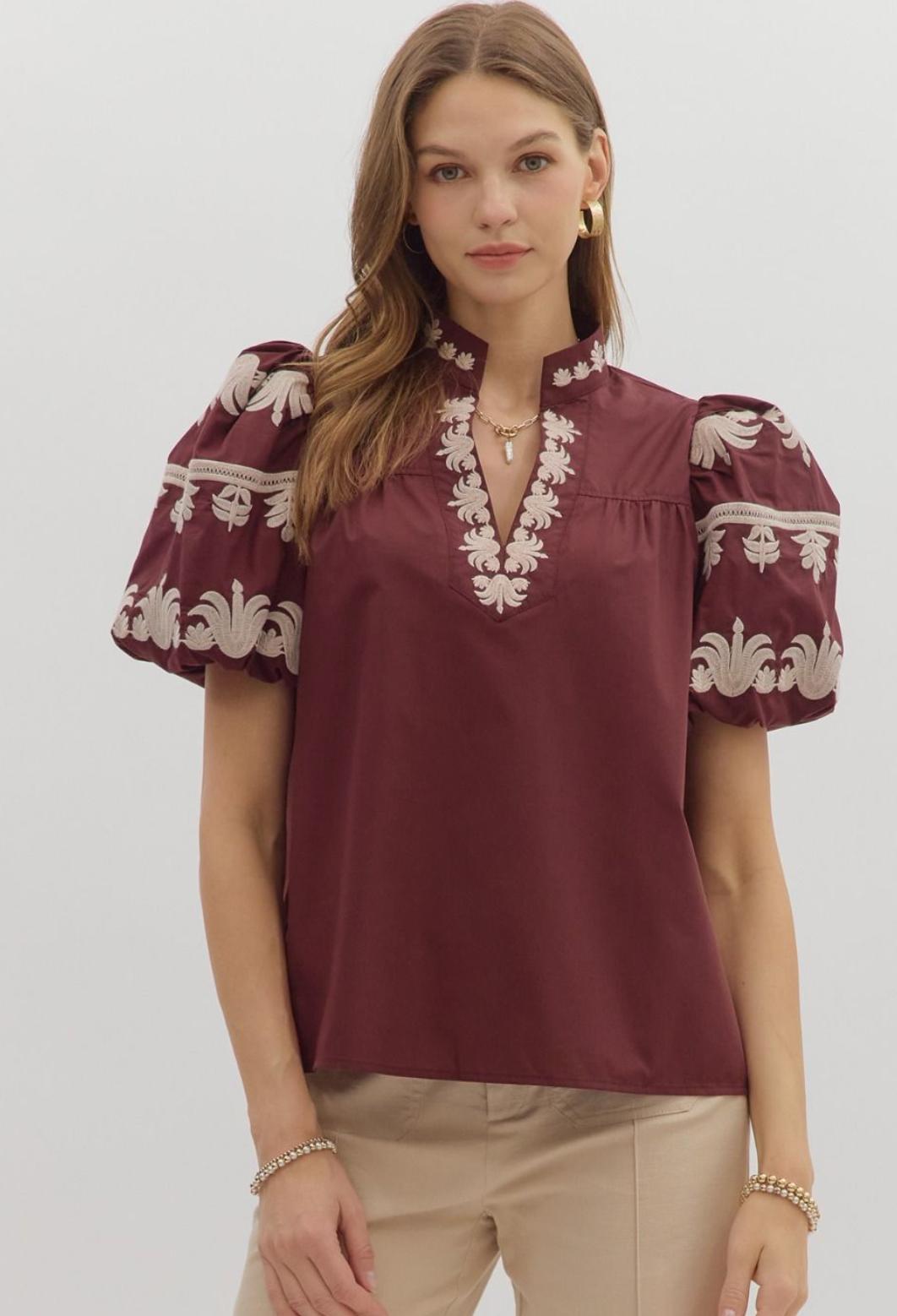 Burgundy Embroidered Bubble Sleeve Top