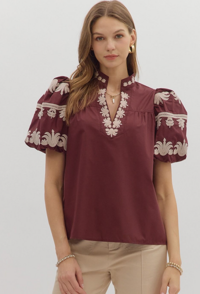 Burgundy Embroidered Bubble Sleeve Top