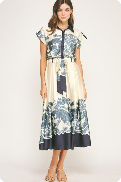 Border Print Satin Midi Dress- Ivory/Navy