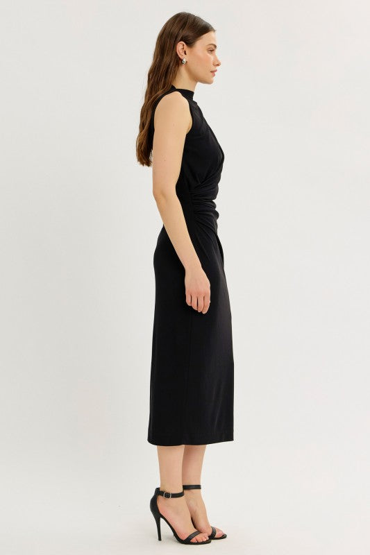 Black High Neck Draped Midi Dress