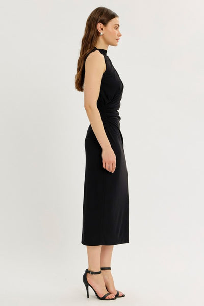Black High Neck Draped Midi Dress