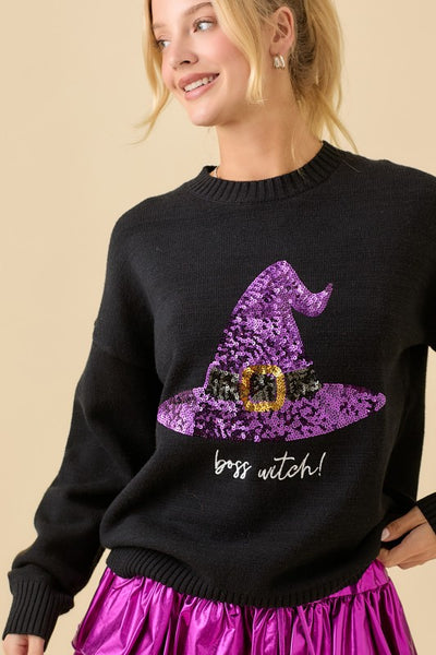 Sequin Halloween Witch Hat Sweater
