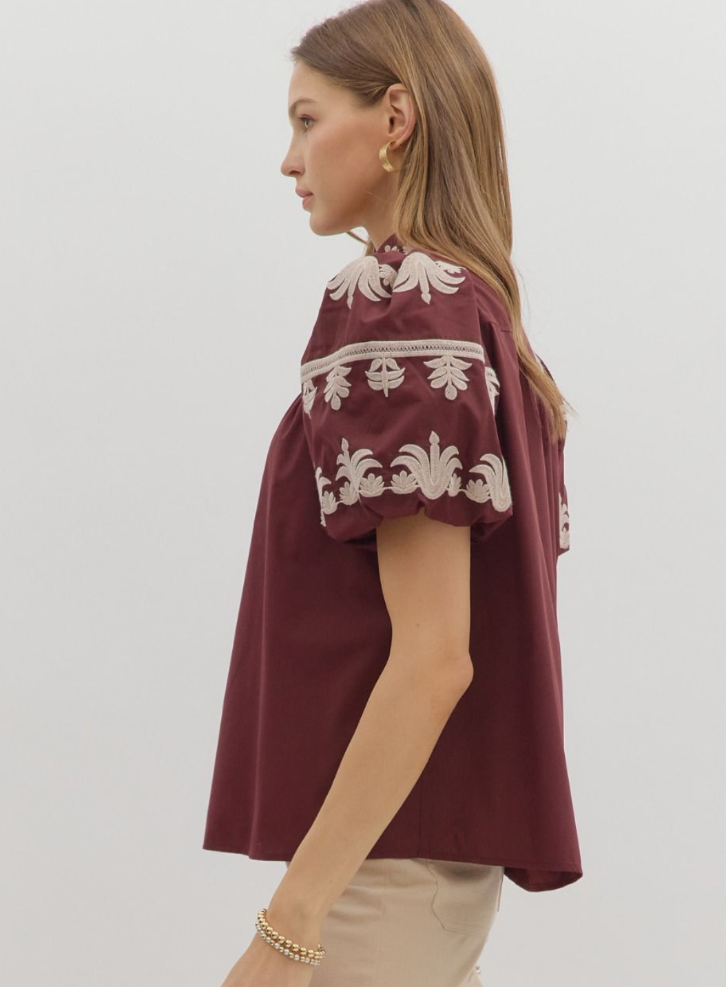 Burgundy Embroidered Bubble Sleeve Top