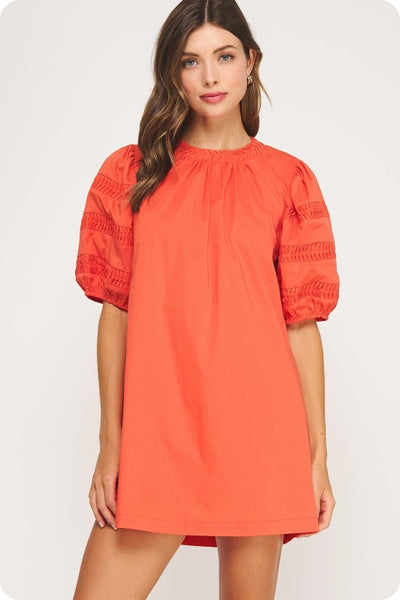 Orange Reverse Pintuck Puff Sleeve Mini Dress