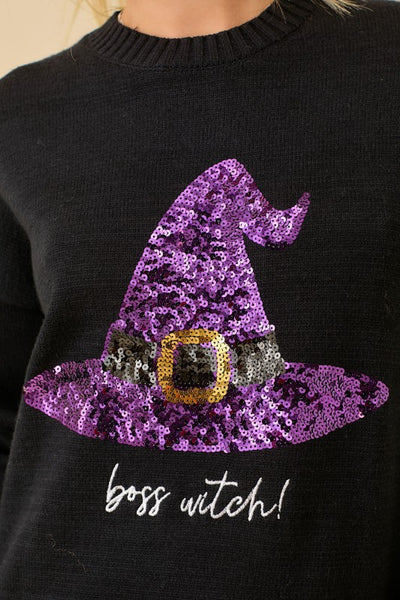 Sequin Halloween Witch Hat Sweater