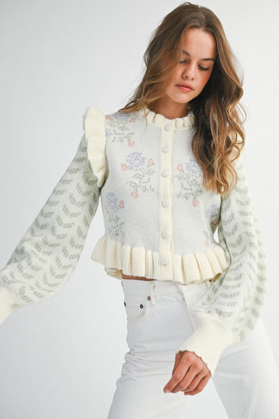 Ruffle Shoulder Floral Knit Cardigan Jacket