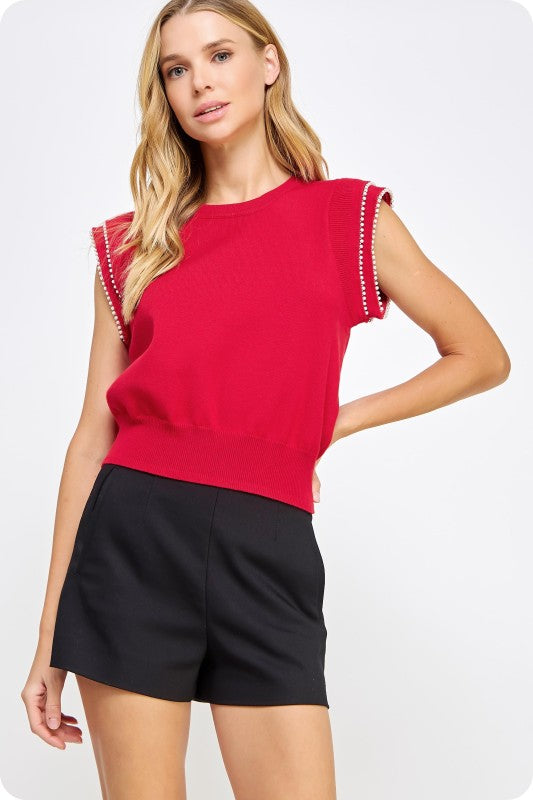 Red Pearl Trim Sleeveless Sweater