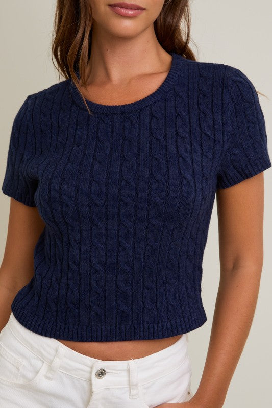 Short Sleeve Cable Sweater Top- Navy