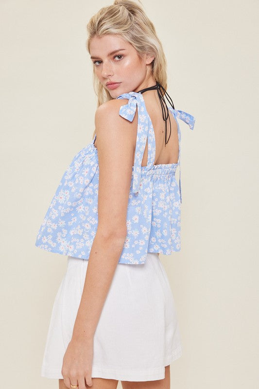 Blue Floral Print Shoulder Strap Cotton Top