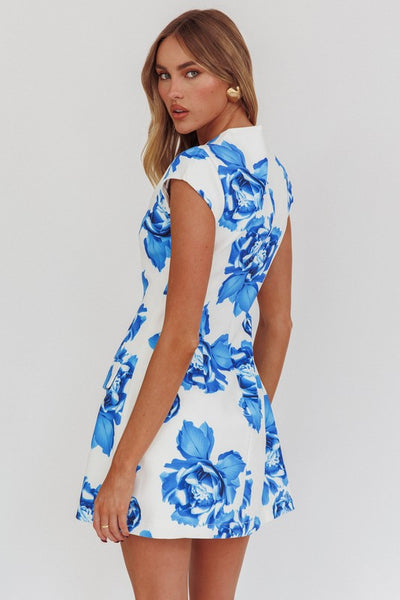Bold Blue Floral Fitted Mini Dress