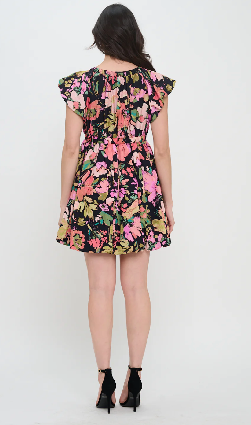 Midnight Garden Bow Trim Mini Dress