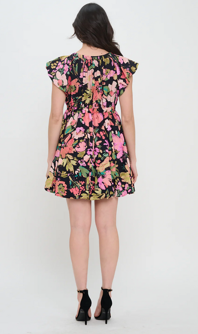 Midnight Garden Bow Trim Mini Dress