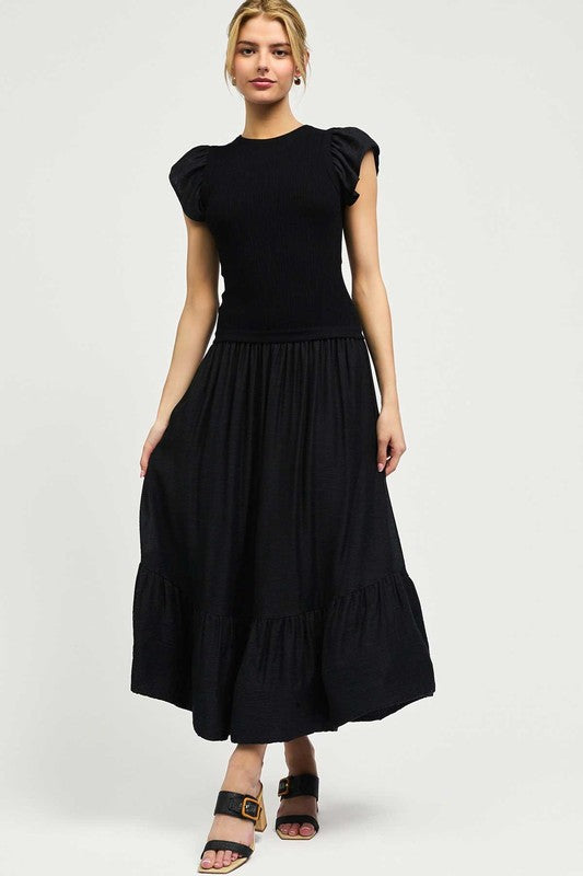 Black Woven Combo Ruffled Sleeve Dress