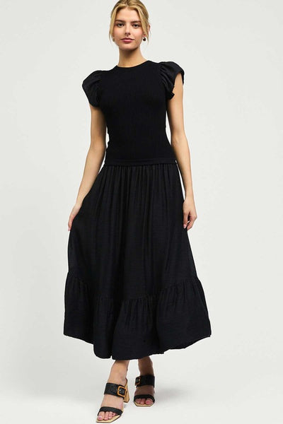 Black Woven Combo Ruffled Sleeve Dress