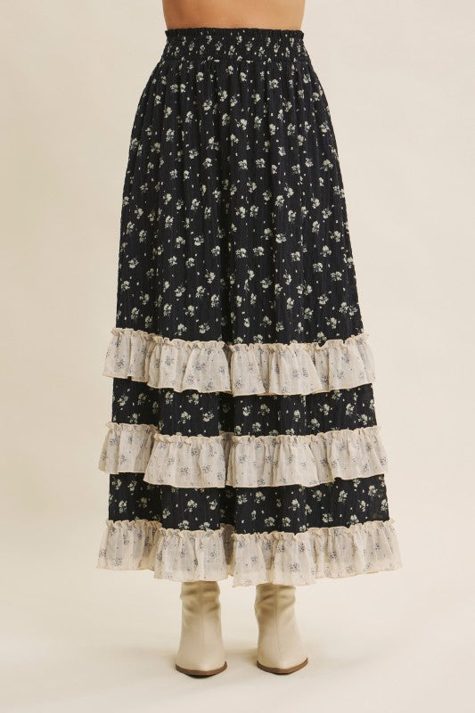 Smocked Floral Maxi Skirt With Ruffle Contrast